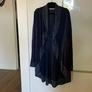 Soft Surroundings Navy Sequin Trimmed Open Duster Cardigan Large